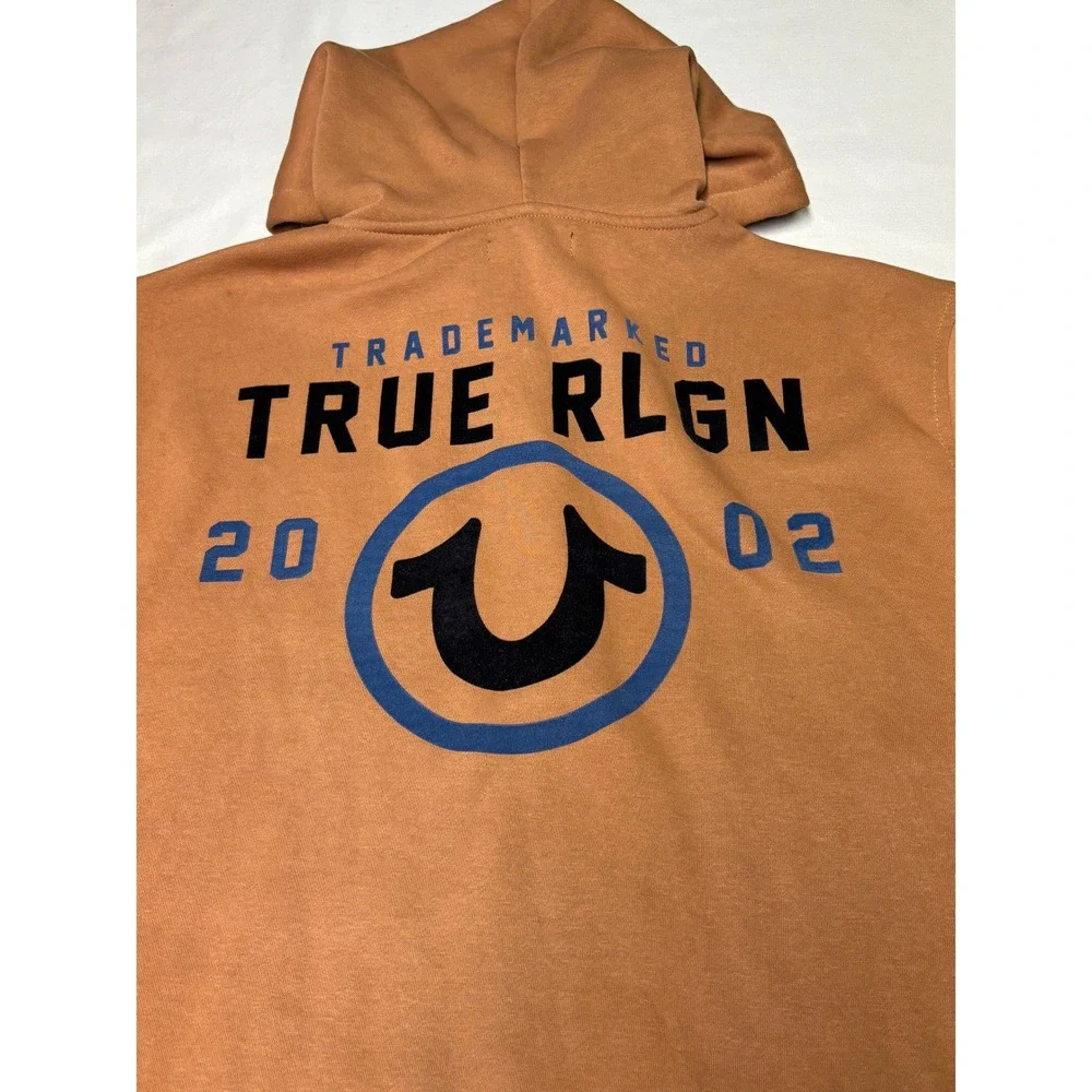 True Religion Mens XL Brown Zip Up Horseshoe Logo Fleece Hoodie Sweatshirt 2002‎